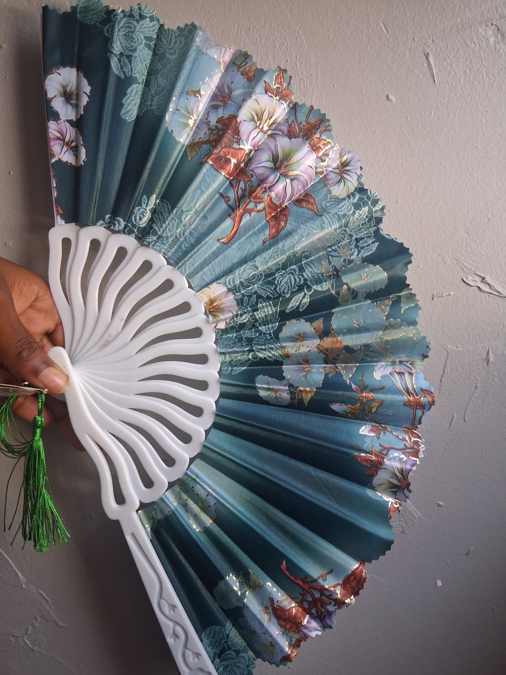 Elegant Teal Floral Folding Hand Fan with Tassel